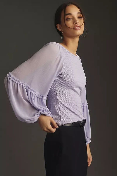 By Anthropologie Balloon-sleeve Smocked Top In Purple