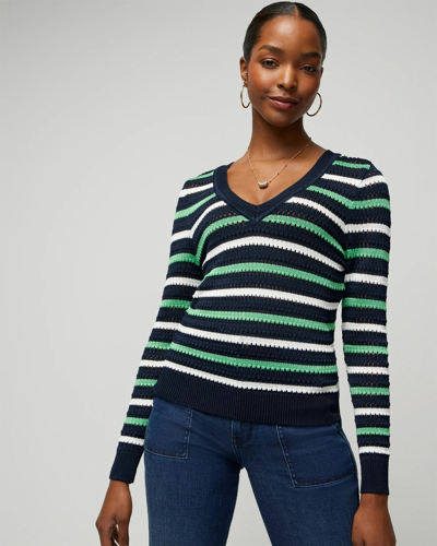 White House Black Market Long Sleeve Stripe V-neck Pullover Sweater In Off Blue-lush Jade Stripe