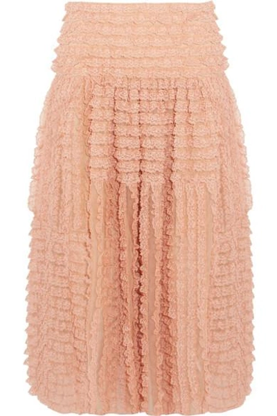Chloé Ruffled Lace-trimmed Silk-organza Midi Skirt In Rose-pink