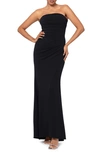 Xscape Strapless Side Ruched Scuba Crepe Gown In Black