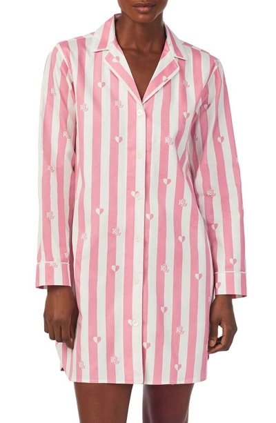 Lauren Ralph Lauren Women's Long-sleeve Notched-collar Sleepshirt In Pink Print