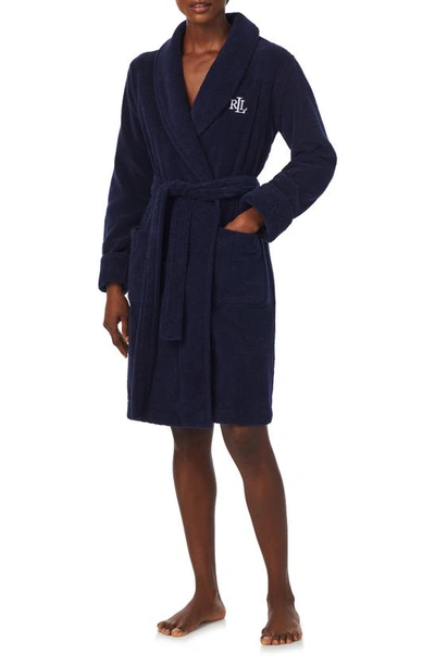 Lauren Ralph Lauren Monogram Tie Waist Terry Robe In Navy