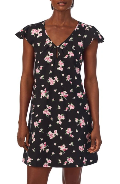 Lauren Ralph Lauren Floral Print Cotton Blend Nightgown In Black Ground Floral