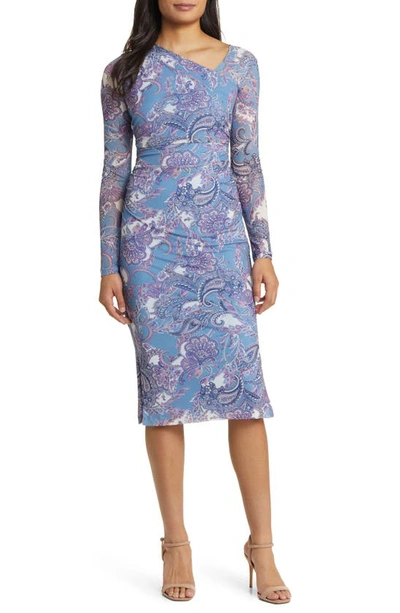 Vince Camuto Print Asymmetric Neck Long Sleeve Mesh Dress In Blue