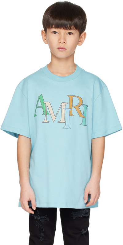 Amiri Kids Blue Staggered Scribble T-shirt In Air Blue