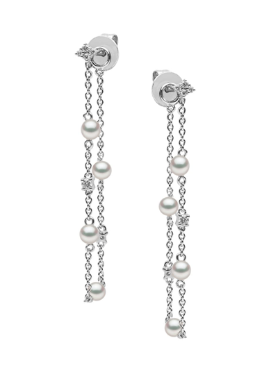 Yoko London Women's Trend 18k White Gold, Freshwater Pearls & 0.14 Tcw Diamond Chain Earrings