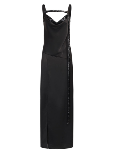 Halston Nomi Sequin-embellished Satin Column Gown In Black