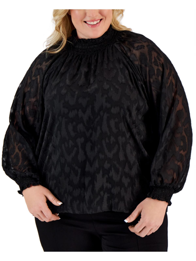 Calvin Klein Plus Womens Textured Smocked Pullover Top In Black