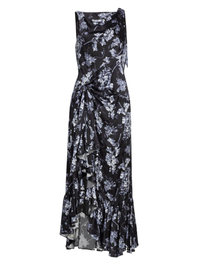 Cinq À Sept Anwan Floral Silk Sleeveless High-low Midi Dress In Black Multi