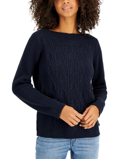Tommy Hilfiger Womens Cable Knit Boat Neck Pullover Sweater In Blue