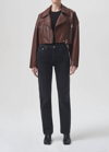 AGOLDE REMI CROPPED LEATHER BIKER JACKET IN COLA