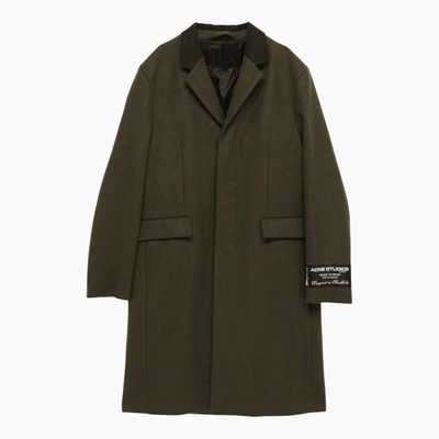 Acne Studios Wool Blend Single-breasted Coat With Logoed Patch In Green