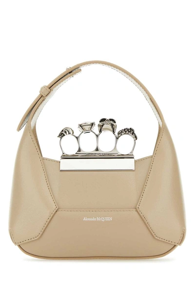 Alexander Mcqueen Sand Leather Mini Jewelled Hobo Handbag In Beige