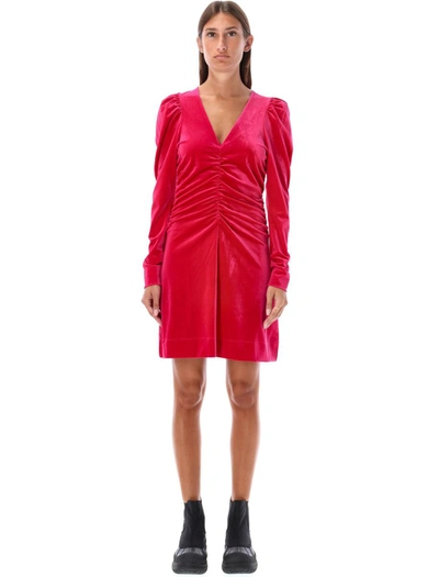 Ganni Ruched Stretch Recycled-velvet Mini Dress In Love Potion Fucsia