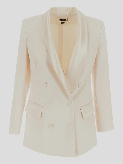 Elisabetta Franchi Double-breasted Jacket In Crepe And Satin In Burro