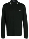 Fred Perry Authentic Long Sleeved Twin Tipped Polo Black In Green