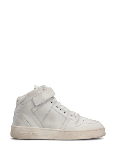 Saint Laurent Lax Leather Mid Top Sneakers In White
