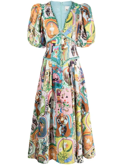 Alemais Evergreen Puff-sleeve Printed Linen Midi Dress In Multicolour