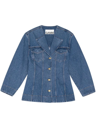 Ganni Mid Blue Vintage Fitted Denim Blazer