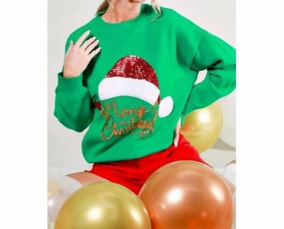 Vine & Love Crew Neck Sweater With Sequin Santa Hat In Green