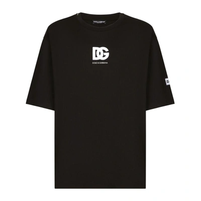 Dolce & Gabbana Black Crewneck T-shirt With Dg Logo Print In Cotton Man