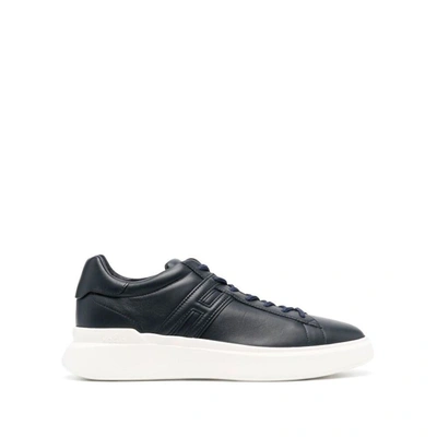 Hogan Denim Blue H580 Leather Rubber Sole Leather Sneakers In Black