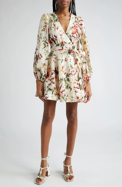 Zimmermann Lexi Belted Floral-print Linen Mini Wrap Dress In Ivory Palm