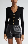 Balmain Black Fitted Cardigan With V Neckline And Jewel Buttons In Knit In Black