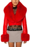 Azalea Wang Gisele Faux Fur Trim Faux Leather Crop Jacket In Red