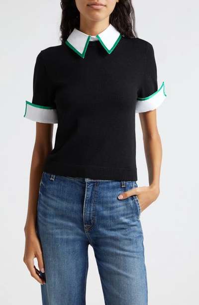 ALICE AND OLIVIA SHORT SLEEVE WOOL SWEATER WITH DETACHABLE COLLAR & CUFFS