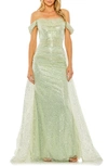 Mac Duggal Off The Shoulder Sequin Panel Train Gown In Sage