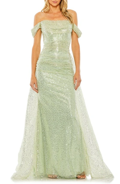 Mac Duggal Off The Shoulder Sequin Panel Train Gown In Sage