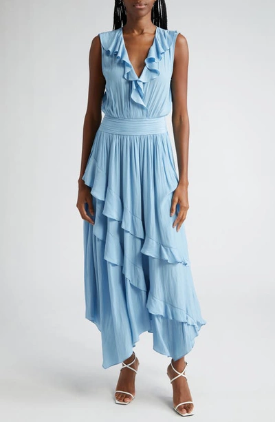 Ramy Brook Hadlee Ruffled Sleeveless High-low Maxi Dress In Blue Quartz