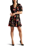 Ted Baker London Sienno Floral Puff Sleeve Satin Jacquard Minidress In Black