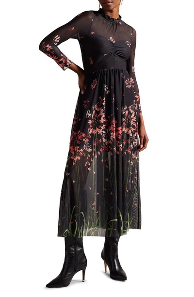 Ted Baker Ruffled Trim Ruched Midi Dress In Patterned Black