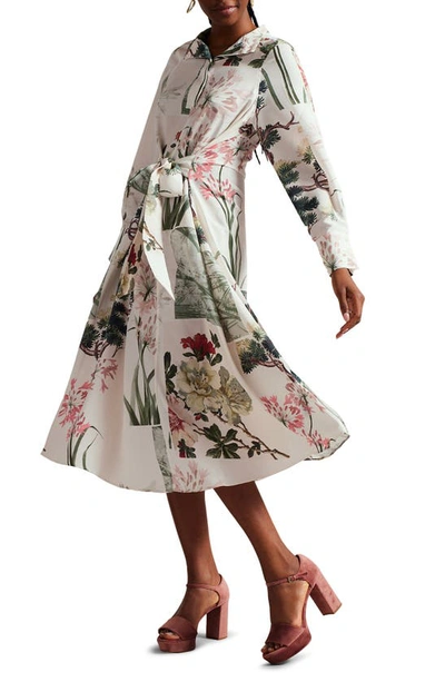 Ted Baker Long Sleeve Belted Midi Shirt Dress In Ivory