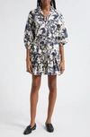 Cara Cara Robin Puff-sleeve Floral Poplin Mini Dress In Heron Navy