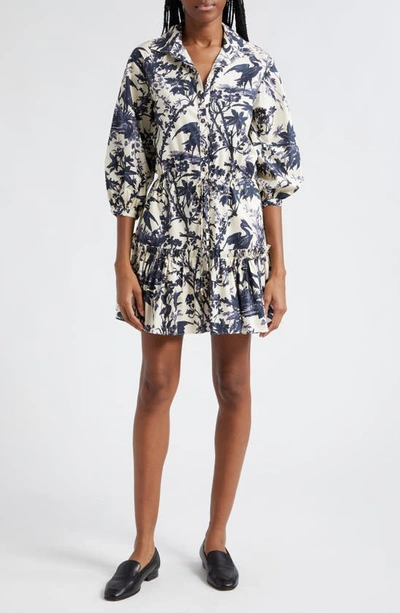 Cara Cara Robin Puff-sleeve Floral Poplin Mini Dress In Heron Navy