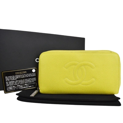 Pre-owned Chanel Logo Cc Yellow Leather Wallet  ()