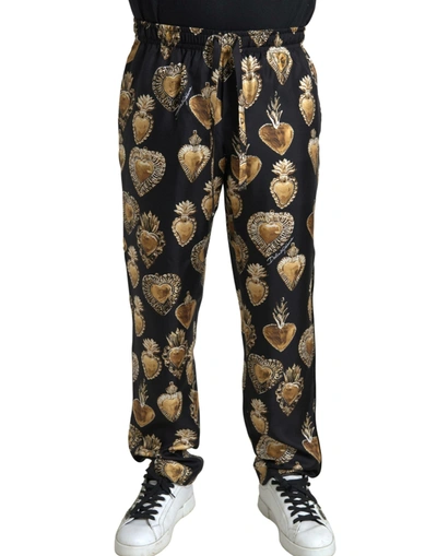 Dolce & Gabbana Black Heart Print Silk Men Jogger Trousers