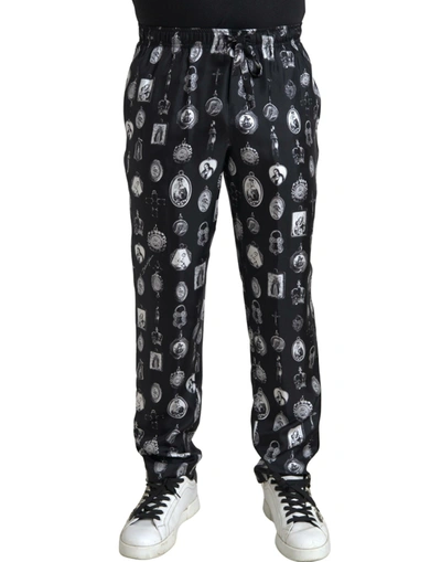 Dolce & Gabbana Black Religious Print Joggers Silk Men Trousers