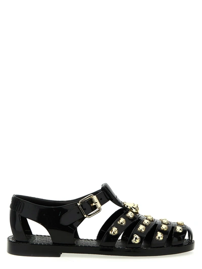 Moschino Teddy Bear-studded Patent Sandals In Black