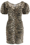 Ganni Bow-detailed Ruched Leopard-print Cotton-poplin Mini Dress In Beige, Brown