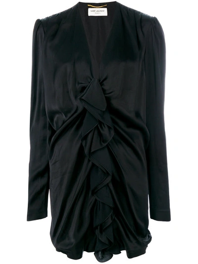 Saint Laurent Ruffle Front Suede Skirt In Black