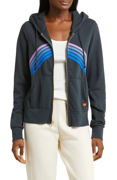 Aviator Nation Mountain Stitch Chevron Stripe Zip-up Graphic Hoodie In Charcoal/ Blue Purple