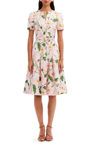 Oscar De La Renta Painted Poppies Cloque Split Neck Dress In Pink/soft Pink