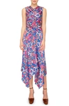 Melloday Floral Print Ruched Satin Midi Dress In Blue Pink
