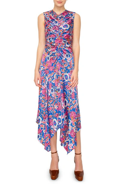 Melloday Floral Print Ruched Satin Midi Dress In Blue Pink