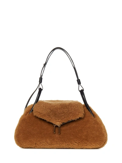Amina Muaddi Gemini Shearling Shoulder Bag In Beige