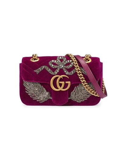 Gucci Gg Marmont刺绣天鹅绒迷你手袋 In Bordeaux